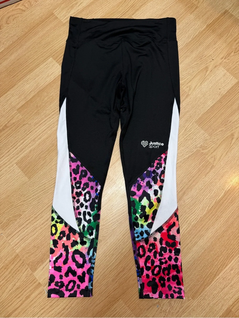 Justice Sport Girls XL 16/18 Black Rainbow Leopard Colorblock Athletic Leggings